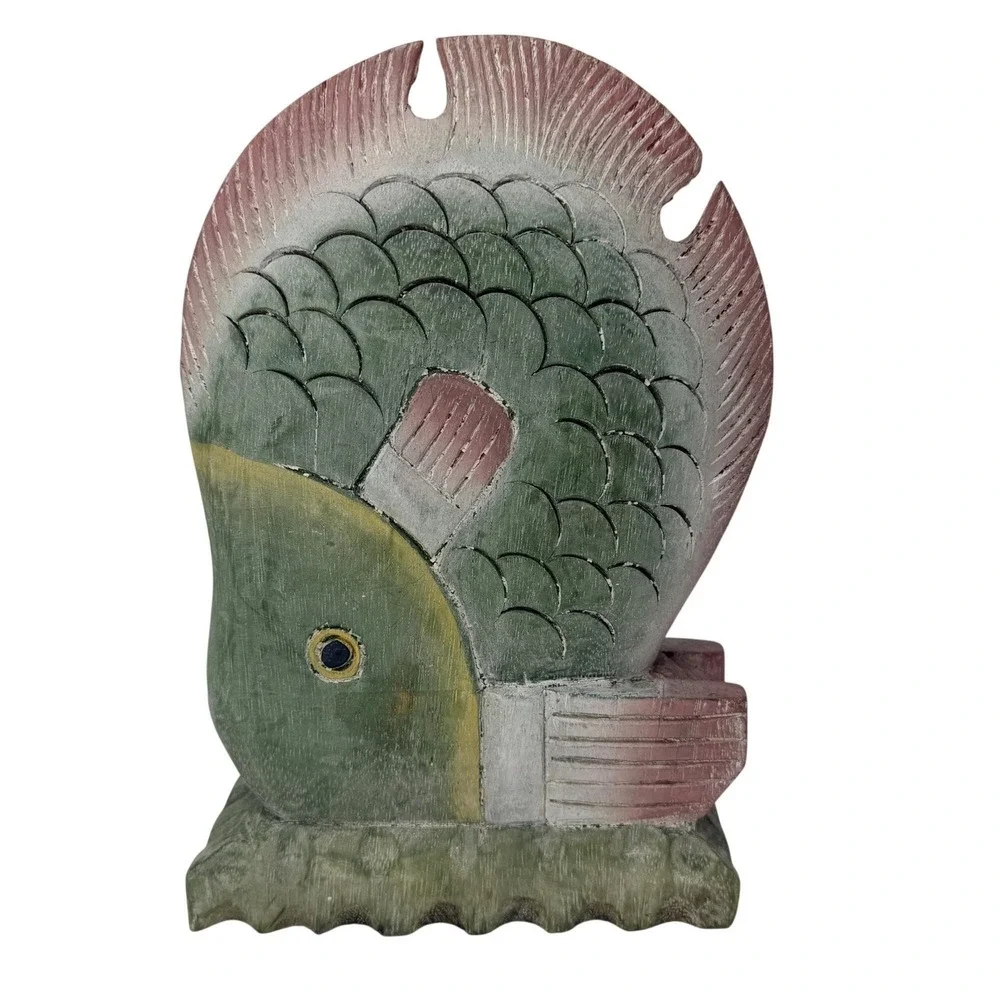 Vintage Large Hand Carved Wooden‎ Fish Sculpture Folk Art Nautical Decor